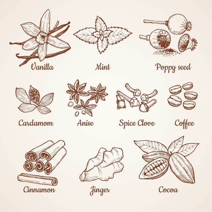 Vector cinnamon, chocolate, lemon and other kitchen herbs. hand drawn illustrations. aroma clove and anise, spice poppy, mint and vanilla vector