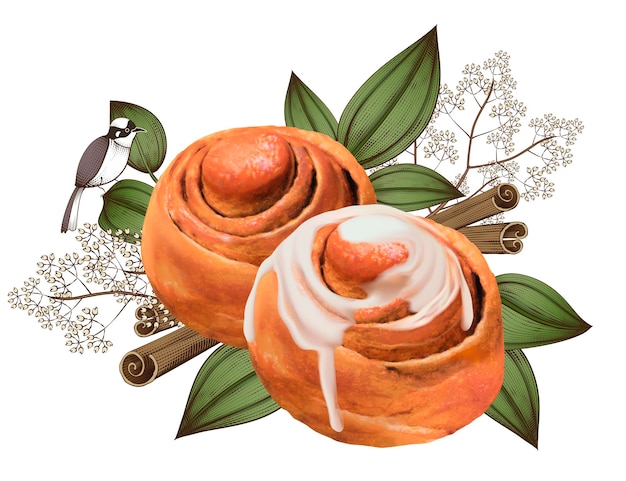 Vector cinnamon rolls with exquisite leafs and bird decorations in 3d style