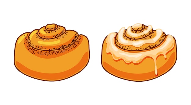Vector cinnamon rolls with sugar icing set in cartoon style vector illustration.