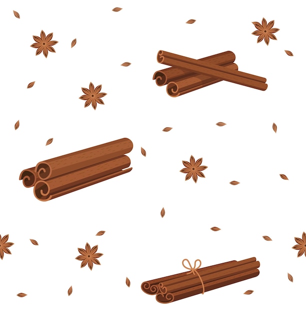 Vector cinnamon seamless pattern with cinnamon sticks bark for packaging textile print template card vector illustration