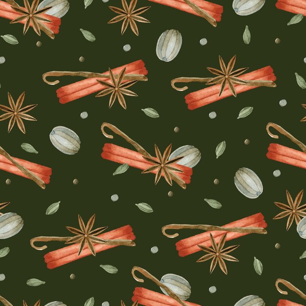 Cinnamon spices watercolor seamless pattern on dark background