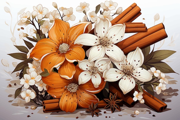 Cinnamon sticks with flower vector illustration with cinnamon flower and black pepper seeds on white