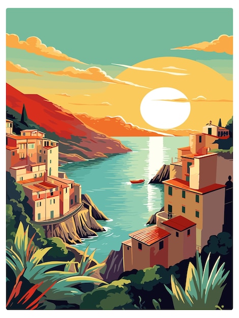 Vector cinque terre italië decoratie patmos vintage reisposter souvenir postkaart portret schilderij wpa