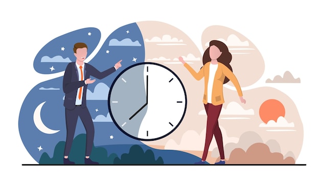 Vector circadian rhythm concept man and woman near large clock young girl by day and businessman by night sleeping mode and healthy lifestyle infographics cartoon flat vector illustration