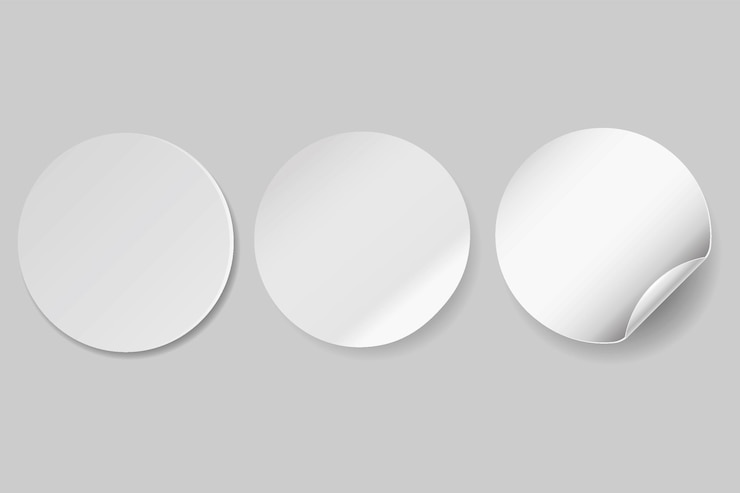 Vector circle adhesive symbols white tags paper round stickers with peeling corner and shadow isolated rounded plastic mockup realistic set round paper adhesive sticker mockup with curved corner