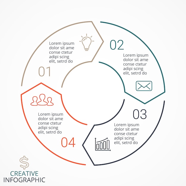 Vettore diagramma a frecce circolari infografica con 4 passaggi e opzioni