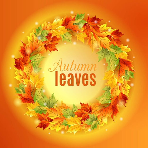 Круг осенних листьев на оранжевом фоне кленовых листьев
