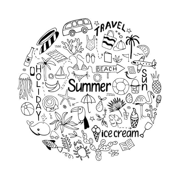 Circle Background with summer set of isolated cute colorful images in doodle style