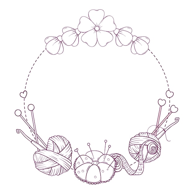 Circle banner template for hand made knitting sewing Frame with sewing and knitting attributes in sketch style