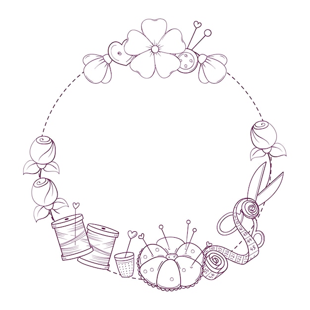 Circle banner template for hand made knitting sewing Frame with sewing and knitting attributes in sketch style
