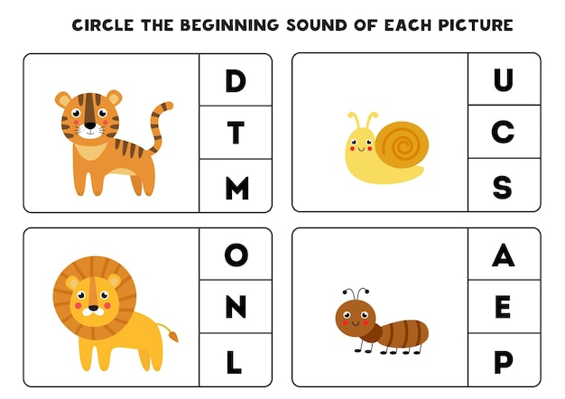 각 그림의 시작 소리에 동그라미를 치십시오. 아이들을위한 교육 게임.