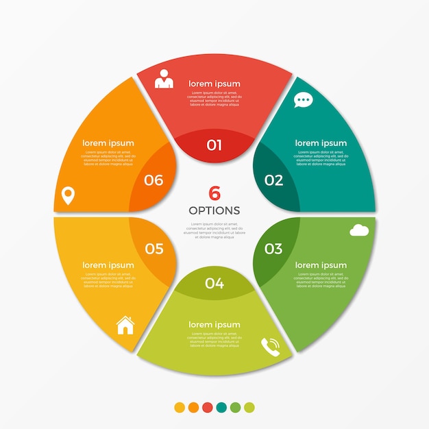 Modello di infografica con grafico circolare con 6 opzioni per presentazioni, pubblicità, layout, relazioni annuali