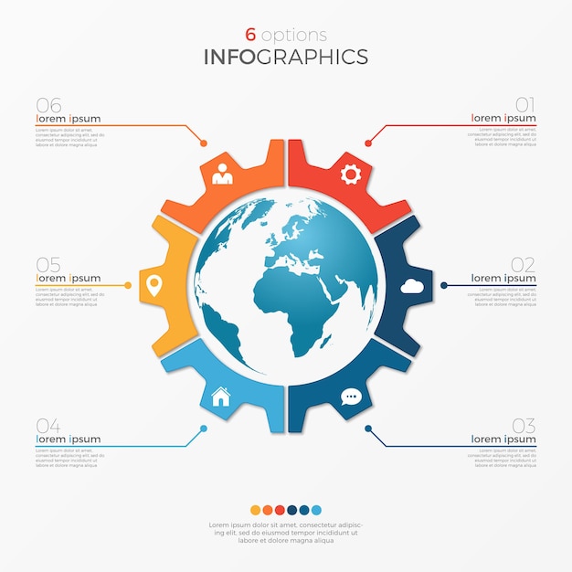 프레젠테이션, 광고, 레이아웃, 연례 보고서에 대한 글로브 6 옵션이 있는 원형 차트 인포그래픽 템플릿