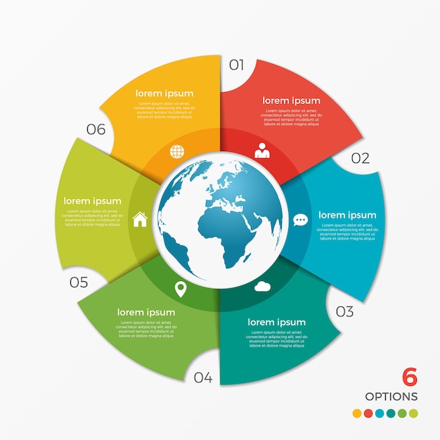 Modello di infografica con grafico circolare con opzioni del globo 6 per presentazioni, pubblicità, layout, relazioni annuali, web design.