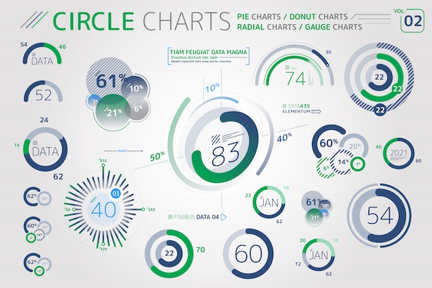 Vector circle charts, pie charts, donut charts and radial charts infographic elements
