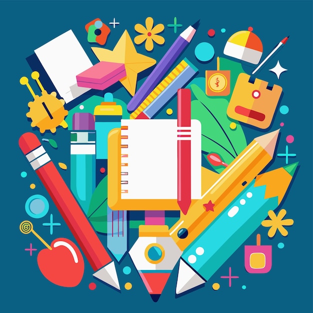 a circle of colorful pencils and other things with a blue background