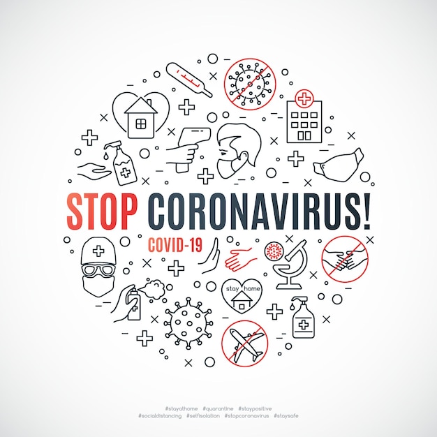 Состав круга с иконками линий и текстом stop coronavirus