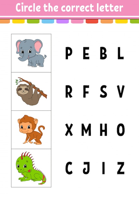 Circle the correct letter. monkey, elephant, sloth, iguana. Education developing worksheet.