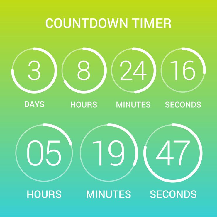Vector circle countdown clock counter timer on gradient. vector time remaining count down round indicator scoreboard of day, hour, minutes and seconds. can be used for web page upcoming event template design
