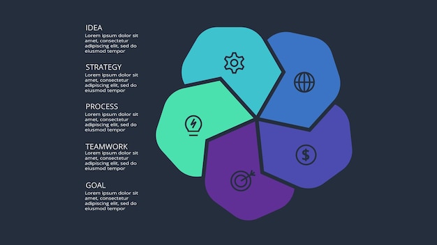 Circle dark infographic with 5 elements template for web on a black background business presentation Vector