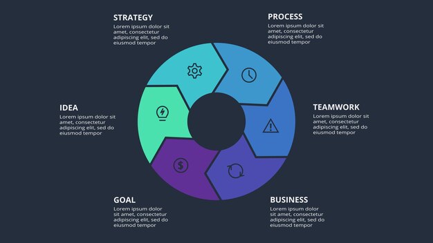 Circle dark infographic with 6 elements template for web on a black background business presentation vector