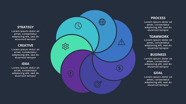 Circle dark infographic with 7 elements template for web on a black background business presentation Vector