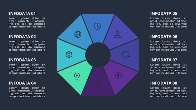 Cerchio infografica scuro con modello di 8 elementi per il web su sfondo nero presentazione aziendale vector