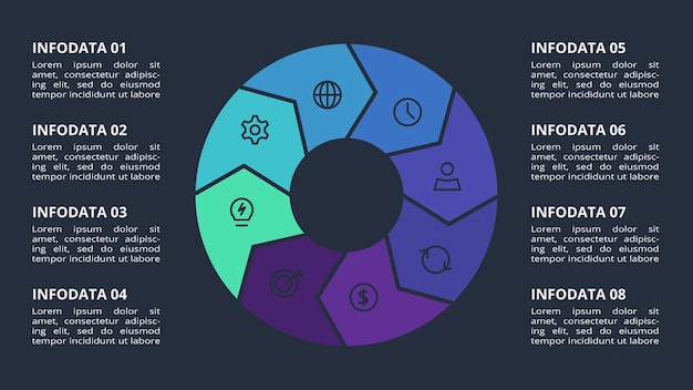 Circle dark infographic with 8 elements template for web on a black background business presentation Vector