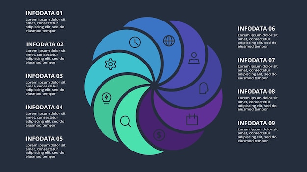 Cerchio infografica scuro con modello di 9 elementi per il web su sfondo nero presentazione aziendale vector