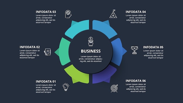 검정색 배경 비즈니스 프레젠테이션 벡터에 웹용 9개 요소 템플릿이 포함된 원 어두운 인포그래픽