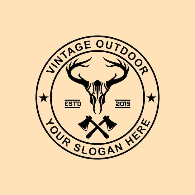 Circle deer skull vintage outdoor adventure logo design template vector illustration