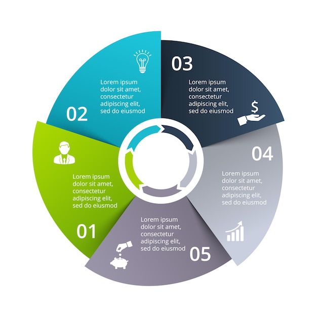 Круговая диаграмма разделена на 5 частей или вариантов Шаблон векторного инфографического дизайна оригами