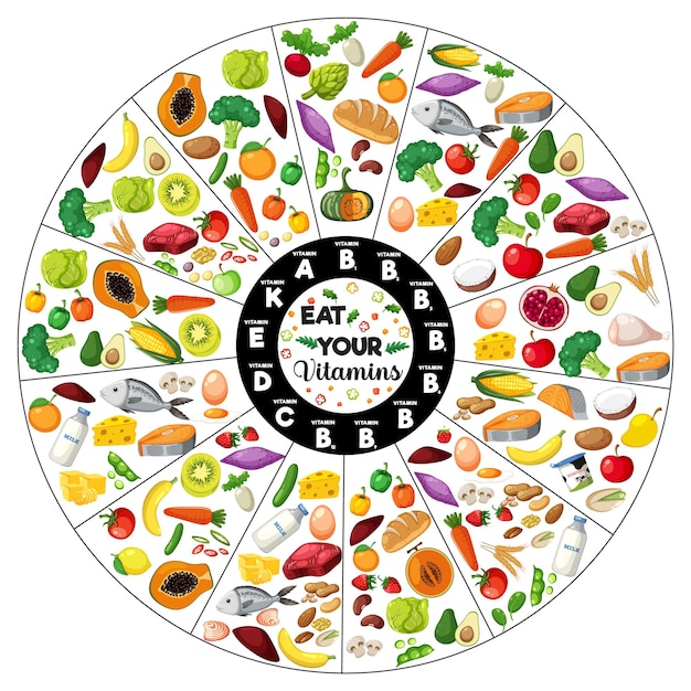 ベクトル すべての食品ビタミンをタイプ別に分類した円図