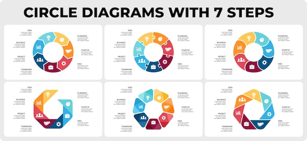 Vector circle diagrams infographics with 7 steps and options cycle charts