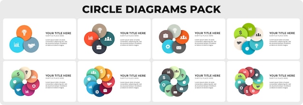 Vettore diagrammi circolari infografiche con passaggi e opzioni grafici ciclici