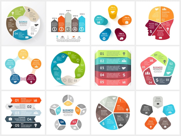 Diagrammi circolari modello di presentazione di infografica vettoriale 5 passi delle opzioni del grafico