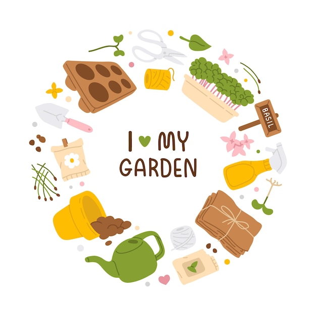 Круг разных вещей, включая сад и табличку с надписью «Я люблю свой сад».