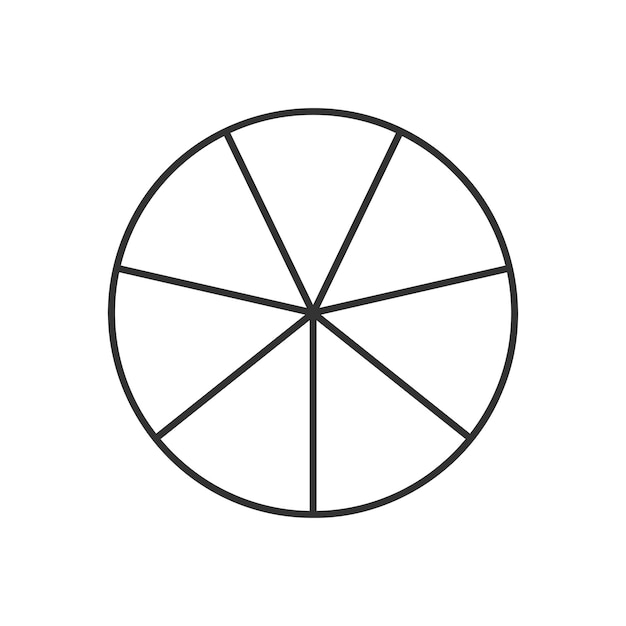 Circle divided in 7 segments. Pie or pizza round shape cut in seven equal slices in outline style