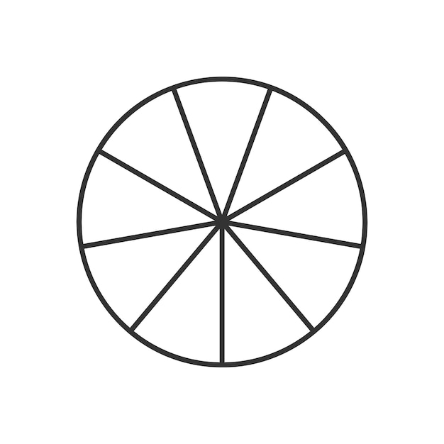 Circle divided in 9 segments. Pie or pizza round shape cut in nine equal slices in outline style