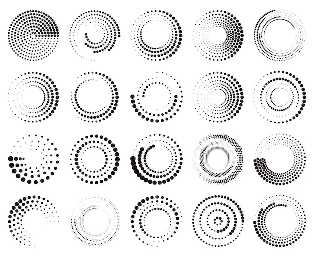 Linee di velocità punteggiate di cerchio. cornici circolari semitono rotonde astratte, rotanti forme circolari tratteggiate. insieme dell'illustrazione degli elementi rotondi di semitono. arte geometrica, bordo radiale per il logo