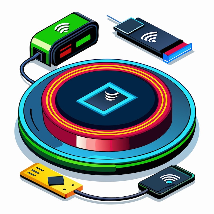 Vector a circle of electronic devices with a colorful circle around it