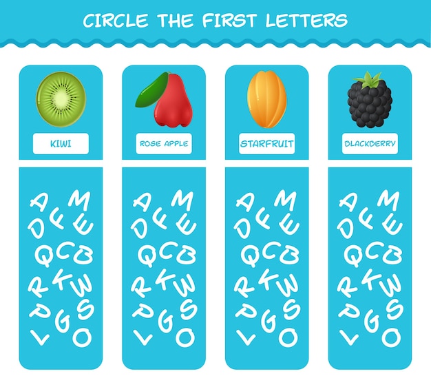 Circle the first letters of cartoon fruits. matching game. educational game for pre shool years kids and toddlers