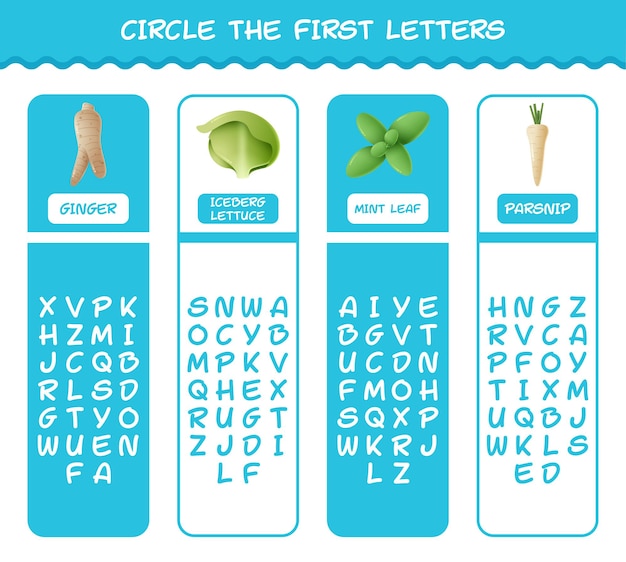 Circle the first letters of cartoon vegetables. Matching game. Educational game for pre shool years kids and toddlers