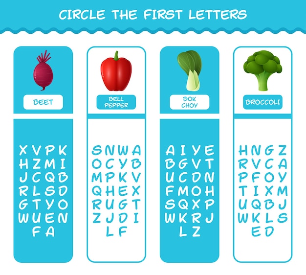 Circle the first letters of cartoon vegetables. Matching game. Educational game for pre shool years kids and toddlers