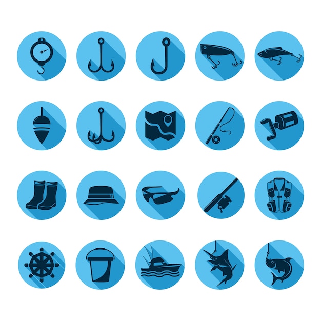 Circle fishing tool equipment icon set