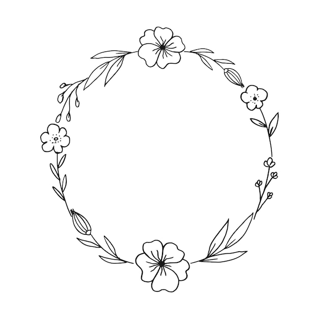 Vector circle floral border with hand drawn flowers and leaves