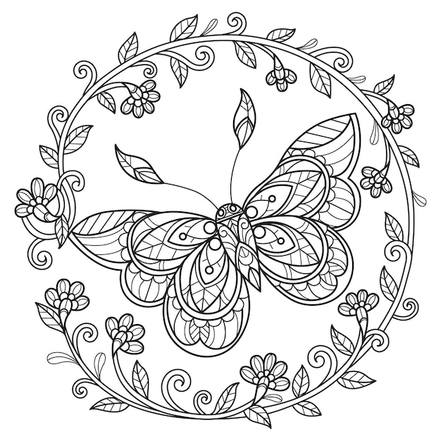 Circle frame and beautiful butterfly hand drawn for adult coloring book