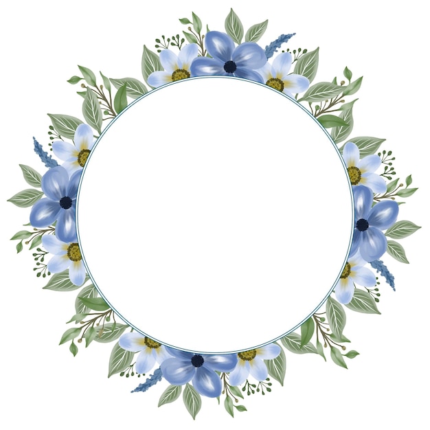 circle frame with blue flower and leaf border