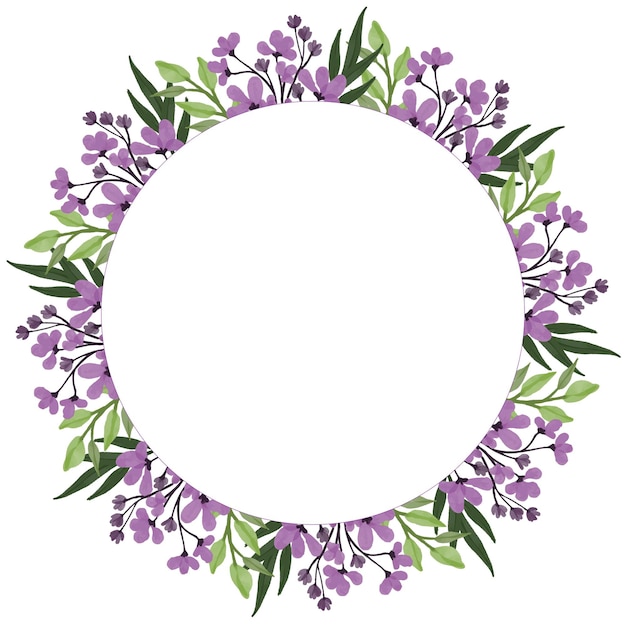 Circle frame with purple wildflower watercolor and green leaf border