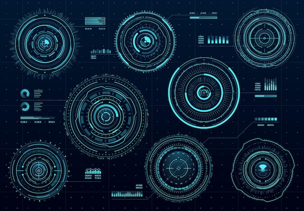 Круговой футуристический цифровой интерфейс интерфейса HUD, векторные элементы приборной панели экрана данных из научной фантастики или виртуальный дисплей. Высокотехнологичные голографические круги с неоновой светящейся статистической графикой и диаграммами